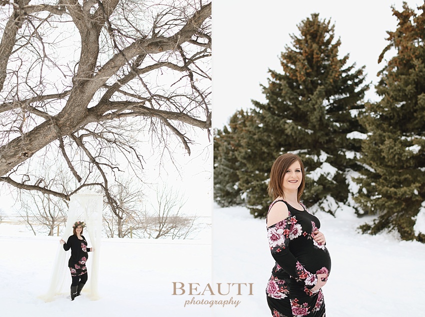 BEAUTI photography Tribune Saskatchewan lifestyle photographer outdoor maternity photography winter portraits snowy trees winter maternity session photo