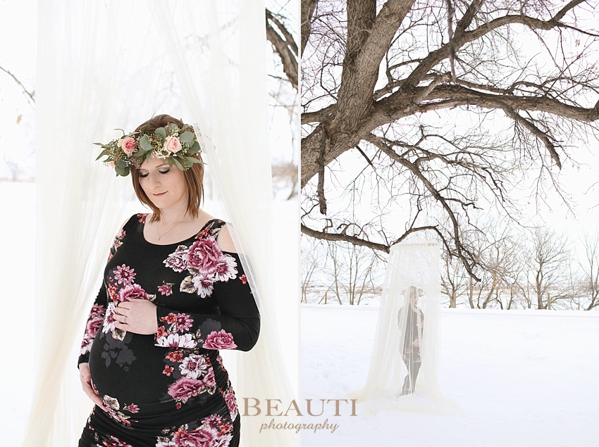 BEAUTI photography Tribune Saskatchewan lifestyle photographer outdoor maternity photography winter portraits snowy trees winter maternity session sheer canopy floral crown photo