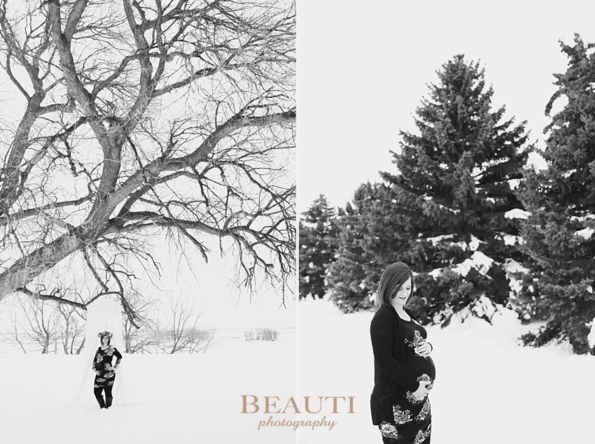 BEAUTI photography Tribune Saskatchewan lifestyle photographer outdoor maternity photography winter portraits snowy trees winter maternity session floral crown Brady's flowers photo