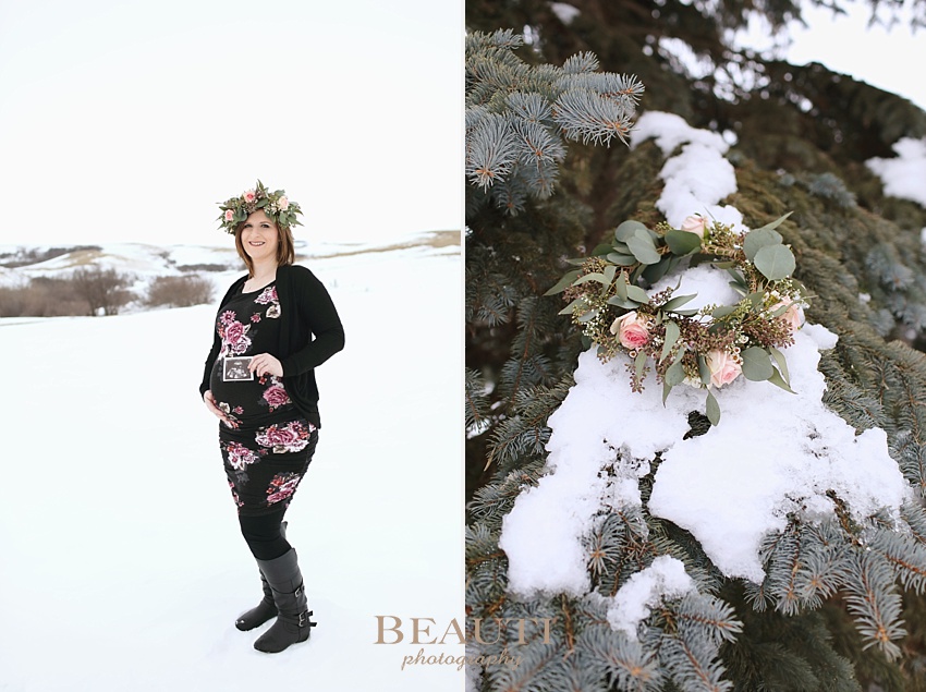 BEAUTI photography Tribune Saskatchewan lifestyle photographer outdoor photography snowy trees ultrasound photo floral crown photo