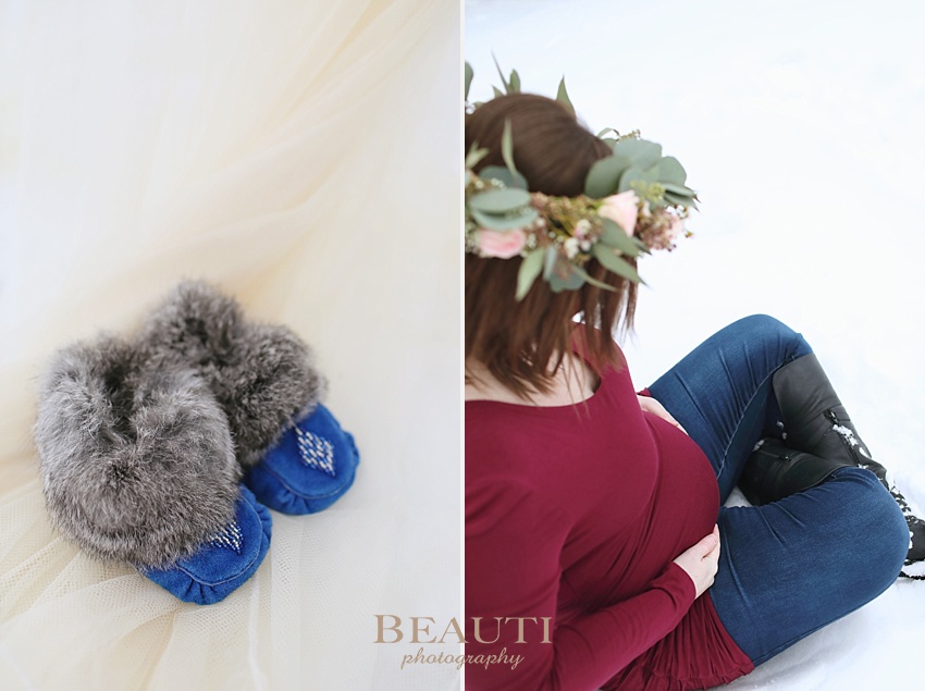 BEAUTI photography Tribune Saskatchewan lifestyle photographer outdoor maternity photography portraits snowy trees floral crown blue baby moccasins photo