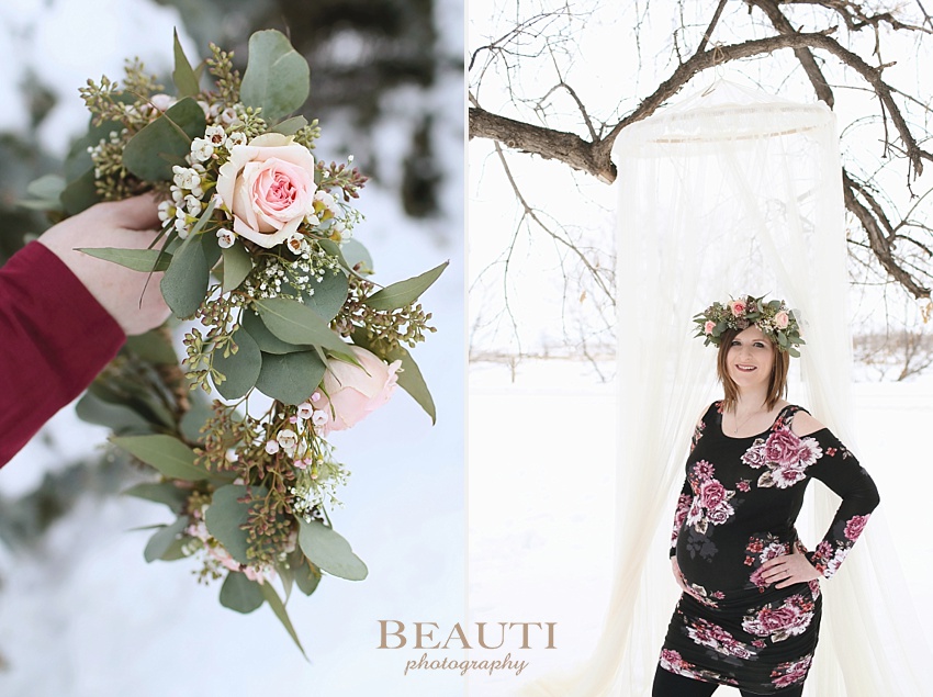 BEAUTI photography Tribune Saskatchewan lifestyle photographer outdoor maternity photography winter portraits snowy trees winter maternity session holding floral crown photo