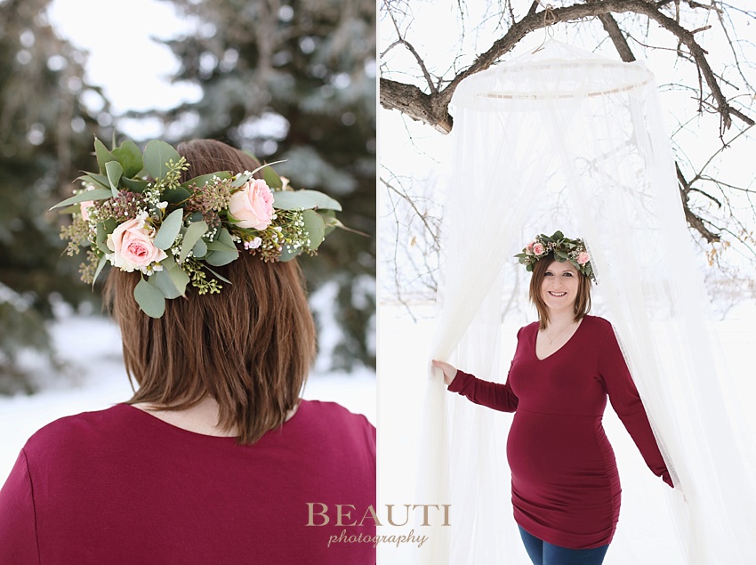 BEAUTI photography Tribune Saskatchewan lifestyle photographer outdoor photography snowy trees floral crown sheer curtain canopy Brady's Flowers family lifestyle photo