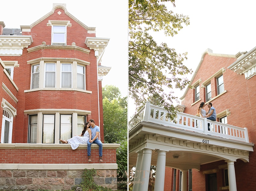 Weyburn engagement photographer newly engaged Sask wedding photographer heritage Eaglesham house balcony photo