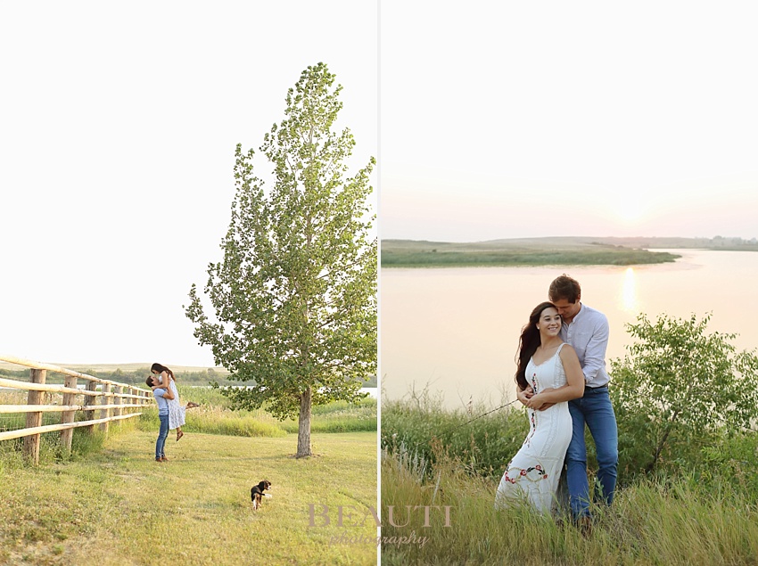 Weyburn engagement photographer newly engaged Sask wedding photographer Nickle Lake summer engagement session sunset photo